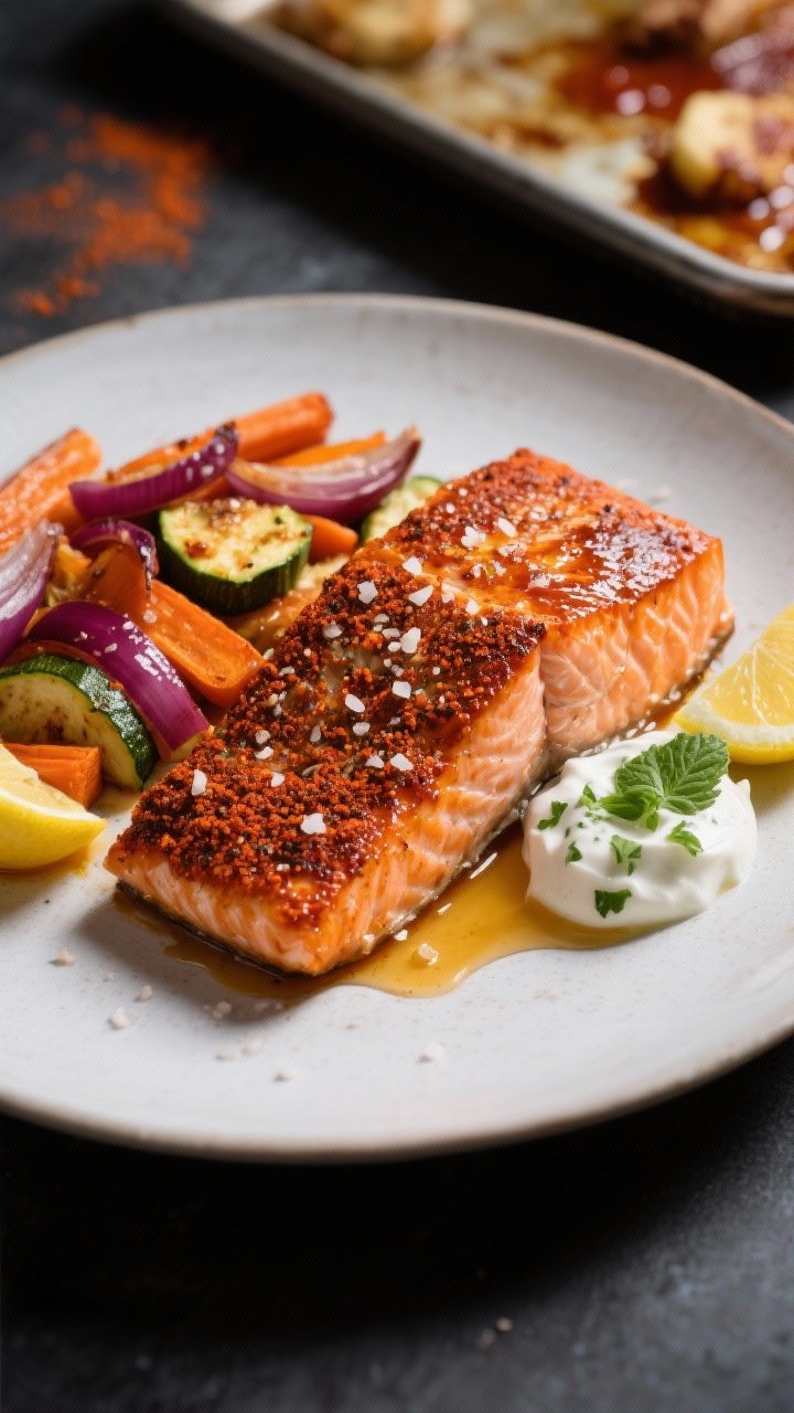 45-degree plated shot: Harissa-rubbed salmon fillets, skin blistered and crisp, glazed with harissa, honey, smoked paprika, and olive oil, sprinkled with flaky kosher salt. Served with a sheet-pan mix of roasted carrots, red onions, and zucchini, plus a dollop of herbed yogurt (parsley and mint flecks) on the side. Warm, moody lighting with soft shadows, garnished with lemon wedges and a brush of harissa in the background.