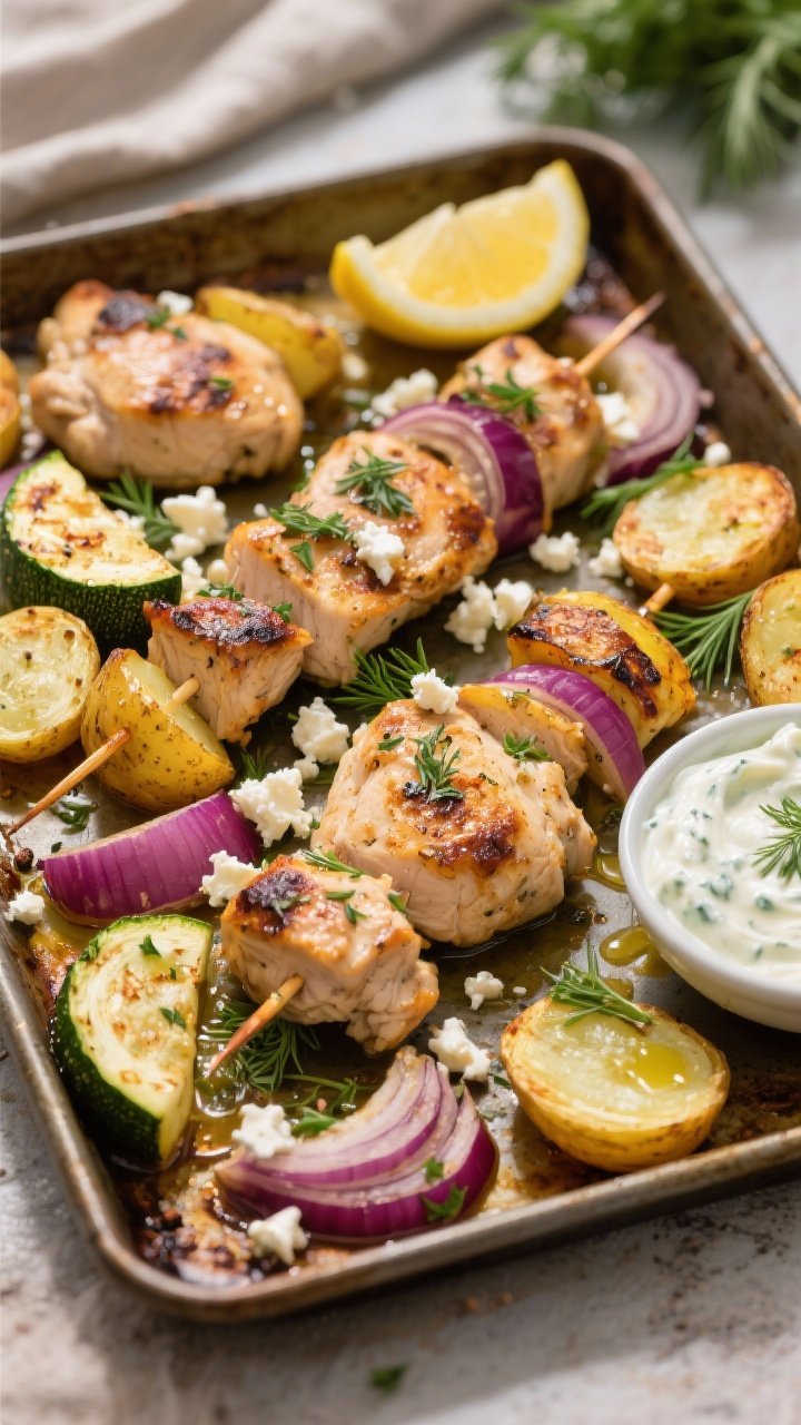 45-degree rustic sheet pan scene of Greek Chicken Souvlaki With Feta and Roasted Potatoes: juicy chunks of marinated boneless skinless chicken thighs, golden baby potato halves, thick red onion wedges, and robust zucchini half-moons, all blistered and herb-flecked (kosher salt, pepper, oregano) with olive oil; sprinkled with crumbled feta, lemon wedges, and fresh dill/parsley; a small dish of tzatziki on the side; warm, Mediterranean tavern vibe with natural light.