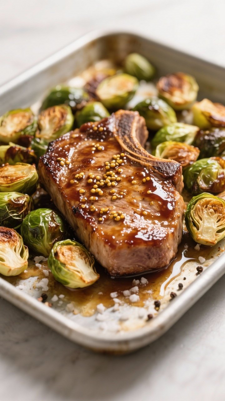 45-degree sheet-pan dinner: maple-mustard glazed boneless pork chops lacquered and caramelized, tucked among roasted Brussels sprouts halves with crispy leaves; Dijon, maple syrup, and apple cider vinegar glaze pooled lightly on the pan, kosher salt crystals and cracked pepper visible; neutral background, gentle highlights emphasizing sticky glaze.