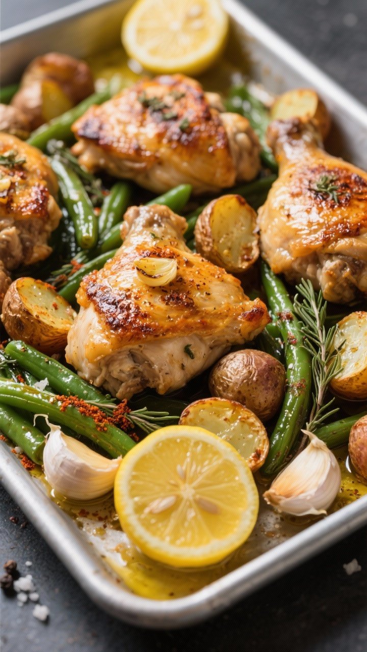 45-degree sheet-pan dinner shot: Lemon-garlic chicken thighs, skin blistered and golden, surrounded by crispy baby potatoes (halved, caramelized edges) and bright green beans; seasoning of smoked paprika, dried thyme, kosher salt, and black pepper visibly clinging; roasted lemon halves and garlic cloves tucked around; glistening olive oil sheen and a homey, comforting feel.