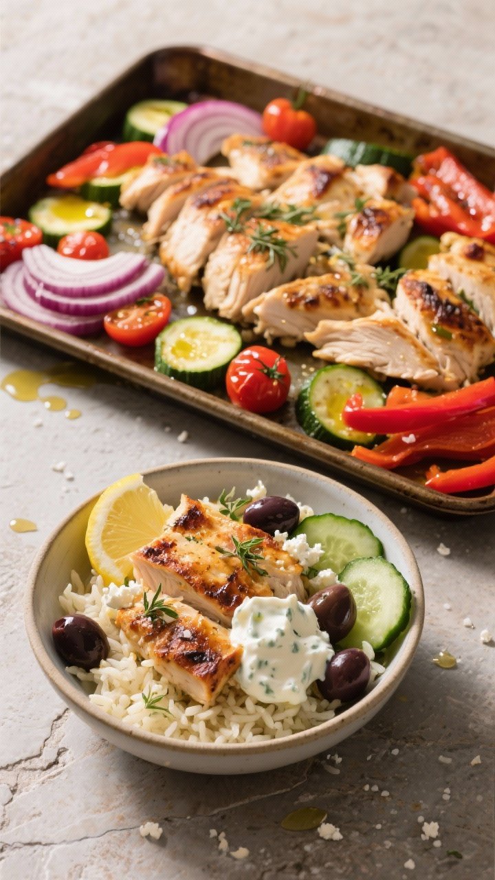 45-degree sheet-pan Greek chicken gyro bowls: a sheet pan loaded with sliced or shredded rotisserie chicken, wedges of red onion, sliced zucchini, red bell pepper strips, and blistered cherry tomatoes, all glistening with olive oil and sprinkled with oregano and sea salt. In the foreground, a shallow bowl assembled with the roasted mixture over lemony rice, dollops of garlicky tzatziki, Kalamata olives, cucumber slices, and a sprinkle of feta. Warm Mediterranean tones, olive oil drizzle catching the light, styled on a stone surface.