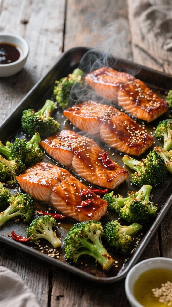 45-degree sheet-pan scene of chili-garlic salmon with crunchy broccoli: four skin-on salmon fillets lacquered with a glossy soy sauce/tamari, honey, rice vinegar, chili-garlic glaze; edges caramelized. Broccoli florets roasted until crisp-tipped, tossed with sesame oil and olive oil. Steam faintly rising, sesame sheen visible, dark metal sheet pan on a rustic wood table, small bowls of glaze and sesame oil nearby, clean modern styling, appetizing contrast of deep amber salmon and emerald broccoli.