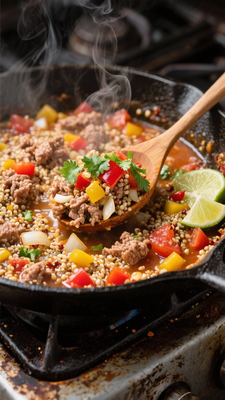 45-degree skillet action shot: lazy one-pot turkey taco quinoa simmering—crumbled lean ground turkey with diced yellow onion, red bell pepper, minced garlic, rinsed quinoa, and visible canned diced tomatoes; specks of chili and taco spices, broth bubbling around the grains; a wooden spoon scooping a hearty portion, steam rising, garnished with chopped cilantro and lime wedge nearby, set on a rustic stovetop.