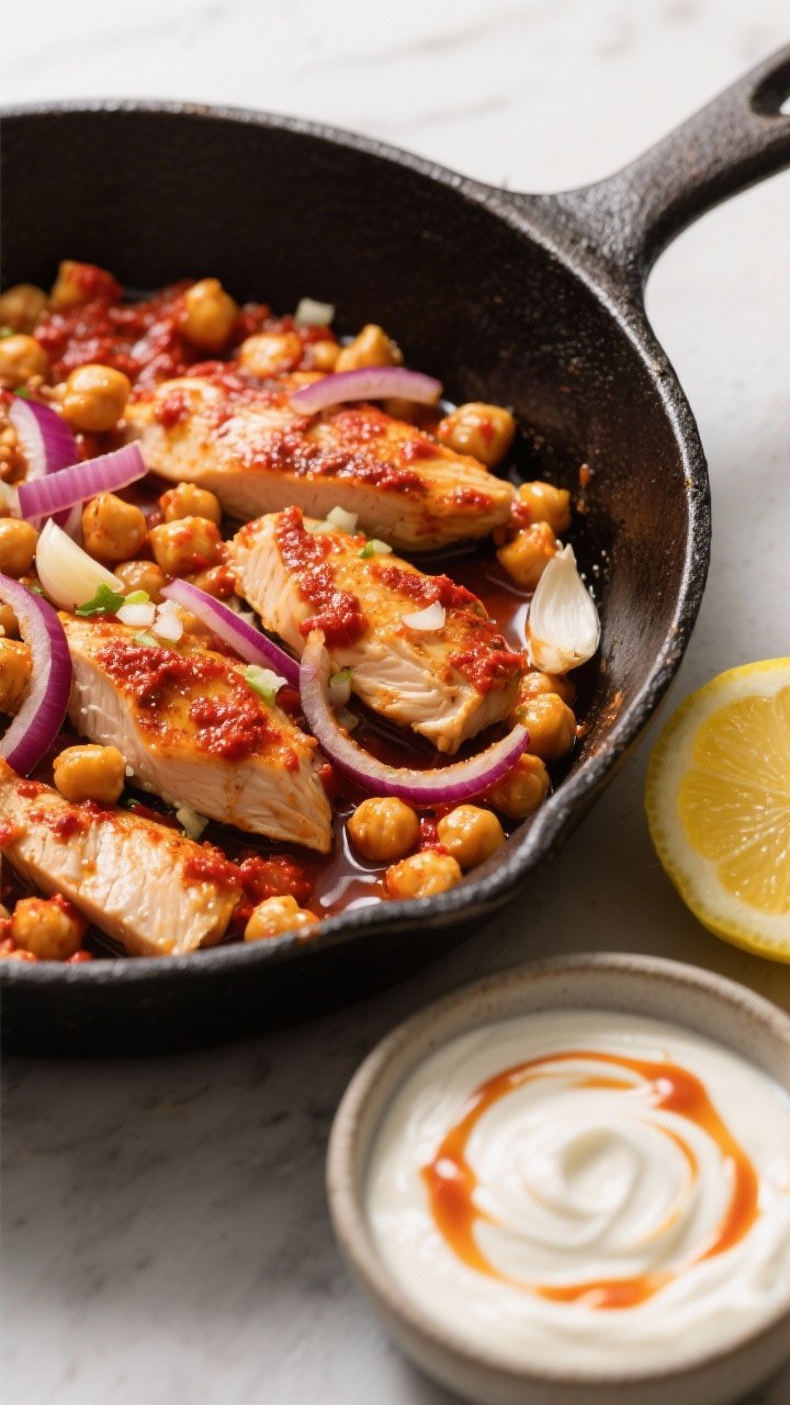 45-degree skillet action shot of Harissa Chickpea & Chicken: cast-iron skillet with bite-size chicken breast pieces seared in olive oil, sliced red onion and minced garlic turned translucent, chickpeas coated in vibrant red harissa paste. Lemon yogurt sauce swirled in a small bowl nearby with a zesty drizzle trail on the skillet’s edge, lemon wedges on the side. Bold, spicy color palette, glistening sauce, energetic weeknight feel.
