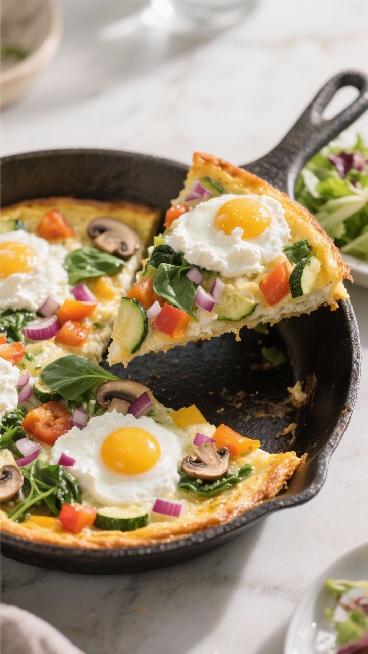 45-degree slice shot of veggie-loaded egg white frittata with ricotta clouds: baked frittata studded with diced bell pepper, zucchini, sliced mushrooms, wilted baby spinach, and finely chopped red onion; fluffy ricotta dollops “clouds” visible on top, lightly golden at the edges; a wedge lifted to showcase airy egg whites; presented in a cast-iron skillet with a simple side salad; clean, bright morning light highlighting vibrant vegetable colors.