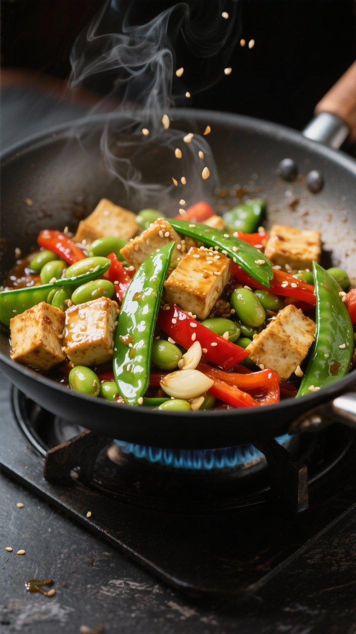 45-degree stir-fry toss of ginger-garlic tofu with edamame and snap peas: extra-firm tofu cubes lightly crisped from a cornstarch coat, glistening in avocado/canola oil. Vibrant sugar snap peas, red bell pepper slices, and shelled edamame popping green, with visible minced ginger and garlic in the glossy sauce. Wok on a burner or set on a dark counter, steam rising, sesame seeds optional sprinkle not shown; sharp focus on textures—crisp edges, tender veg, glossy sauce.