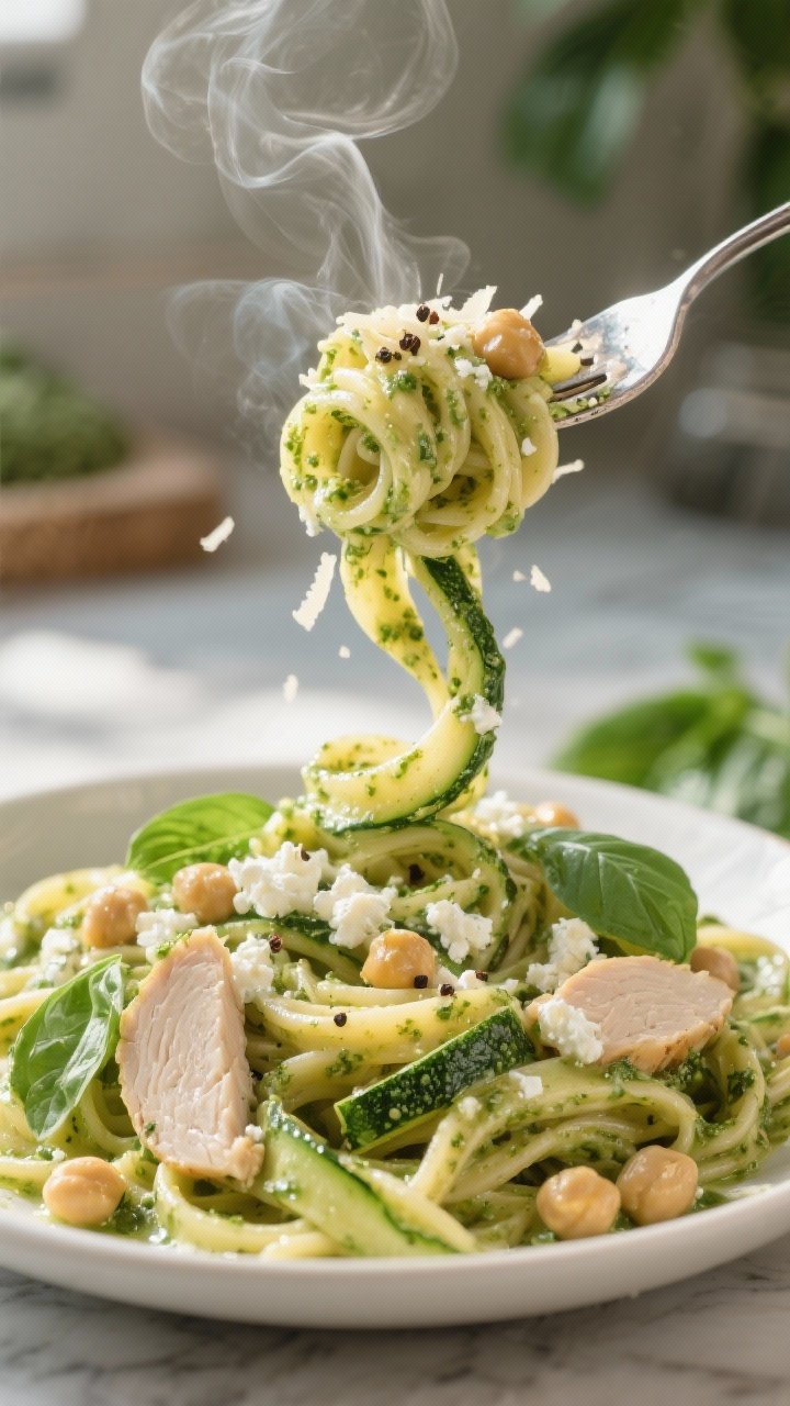 45-degree twirl shot of Cottage Cheese Pesto Pasta: chickpea or whole-wheat pasta coated in a creamy cottage cheese–basil pesto sauce, glossy and speckled with basil; ribbons of zucchini folded through and tender cubes or slices of chicken breast nestled in; steam rising as a fork lifts a twirl; Parmesan shavings and cracked pepper on top, bright green tones, sunlit kitchen counter.
