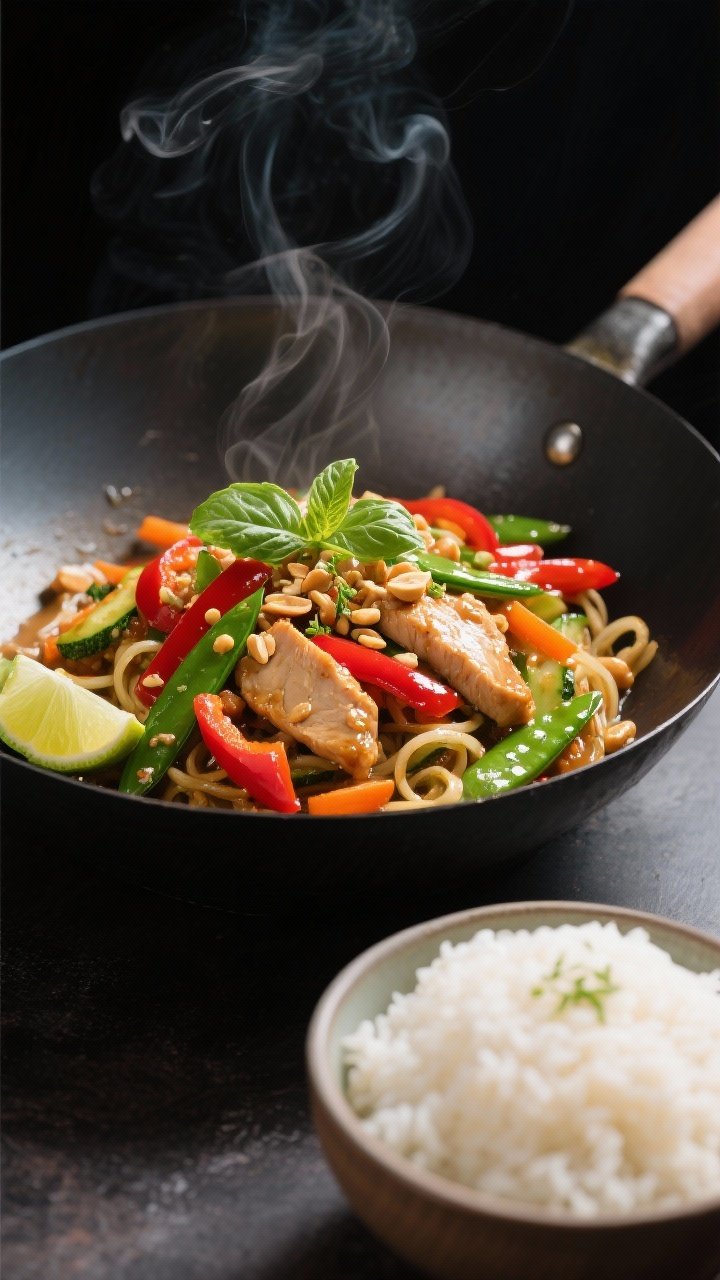 45-degree wok scene for Thai-Inspired Peanut Chicken: thigh strips stir-fried with red bell pepper, snap peas, carrot and zucchini veggie noodles; glossy peanut sauce clinging to chicken, sprinkled with crushed peanuts and lime zest; side bowl of fluffy jasmine rice; vibrant greens and reds pop against a dark wok, steam curling, Thai basil and lime wedge garnish, high-contrast appetizing sheen.