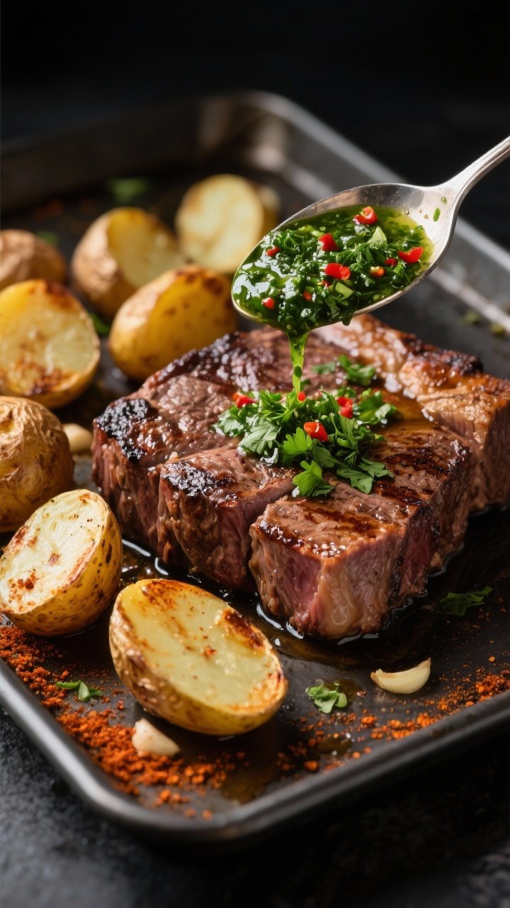 5-inch sirloin steak chunks with deep sear and visible juice, halved baby potatoes blistered and golden; dusting of smoked paprika and garlic powder evident on potato surfaces. A spoon drizzles vibrant green chimichurri over the steak, flecks of parsley and red pepper visible. Shot on a dark sheet pan for contrast, moody lighting to emphasize crusts and textures.