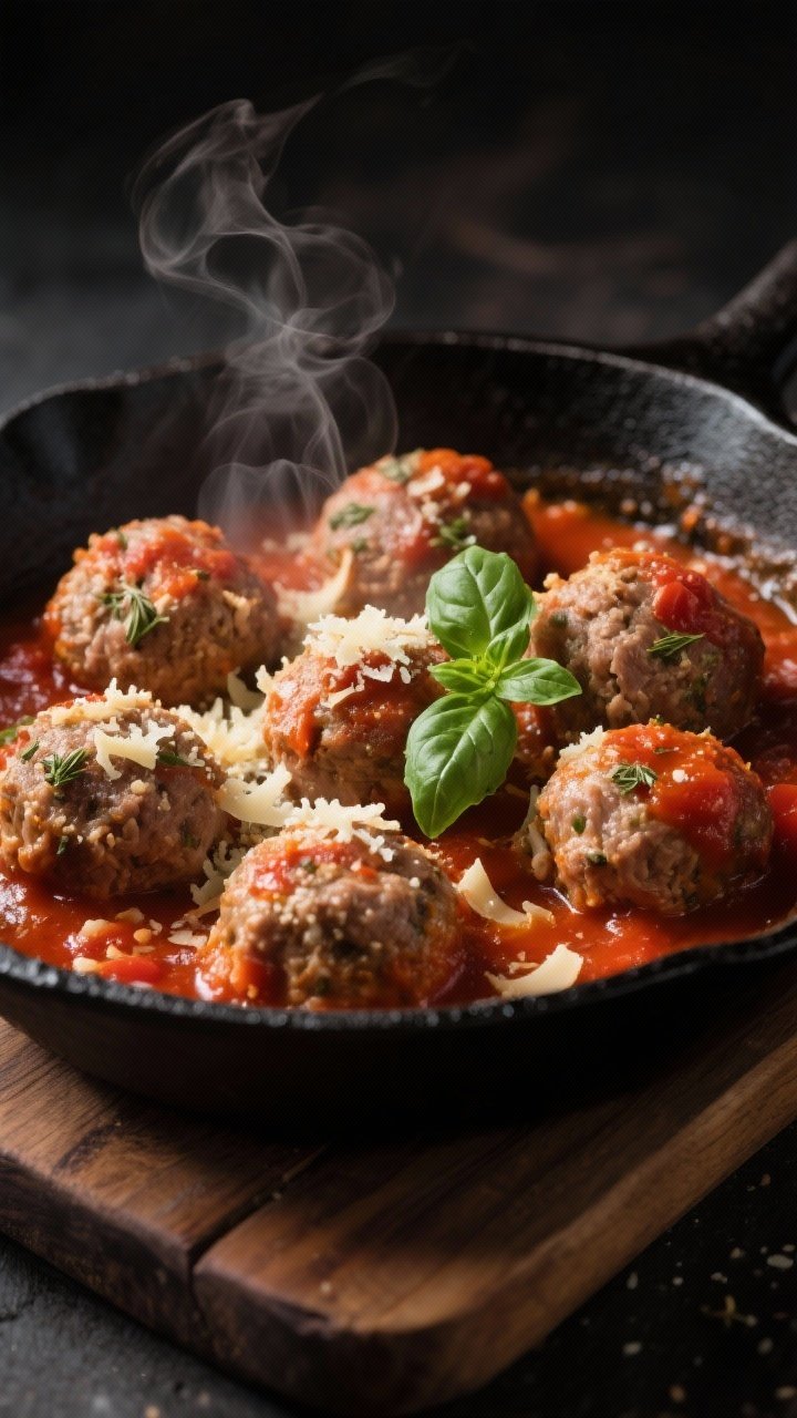 A 45-degree angle shot of saucy turkey meatballs simmering in a tomato-basil skillet: lean ground turkey meatballs speckled with Parmesan and panko, seasoned with onion powder, dried oregano, and garlic, nestled in a glossy tomato-basil sauce; steam rising, fresh basil leaves tucked in, grated Parmesan dusted on top; presented in a black cast-iron skillet on a wooden board, moody directional lighting