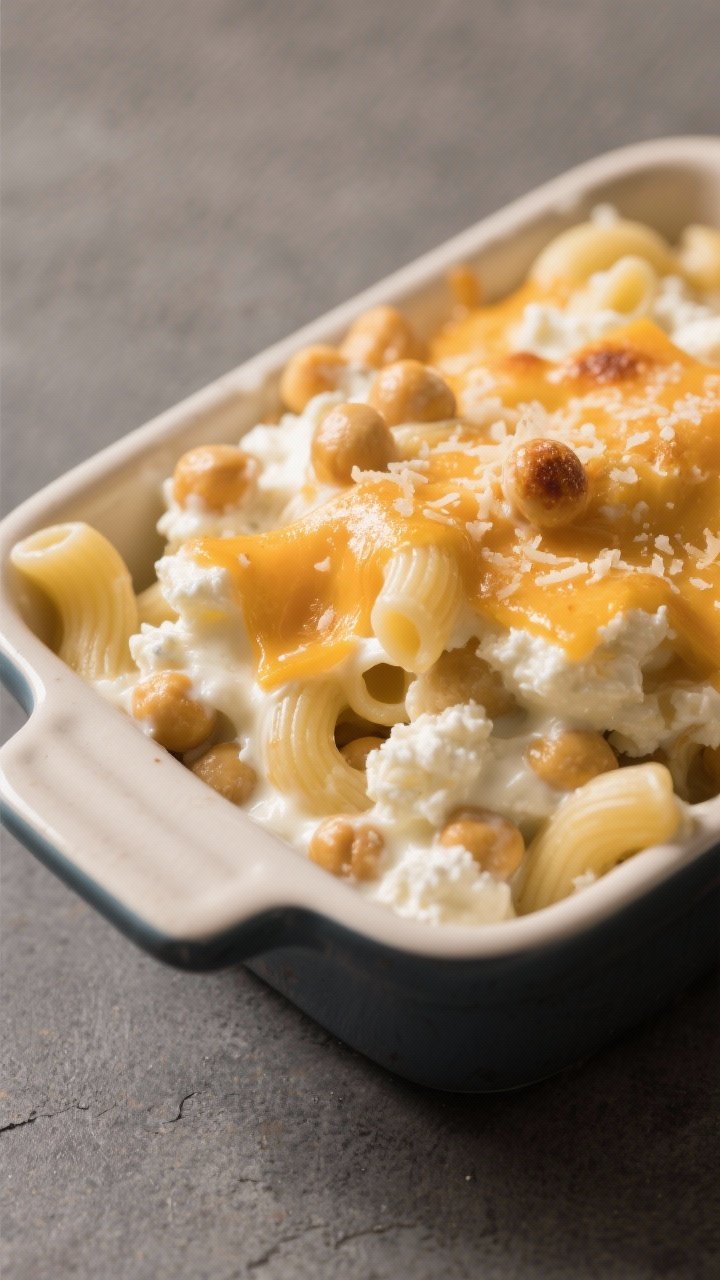 A close-up of high-protein cottage cheese mac ‘n’ cheese: chickpea pasta elbows coated in a creamy sauce made from low-fat cottage cheese, nonfat Greek yogurt, and reduced-fat sharp cheddar, with a light Parmesan sprinkle; ultra-creamy texture with cheese pull, a few browned cheese bubbles on top; served in a small enamel baking dish on a matte slate surface, warm, inviting tones