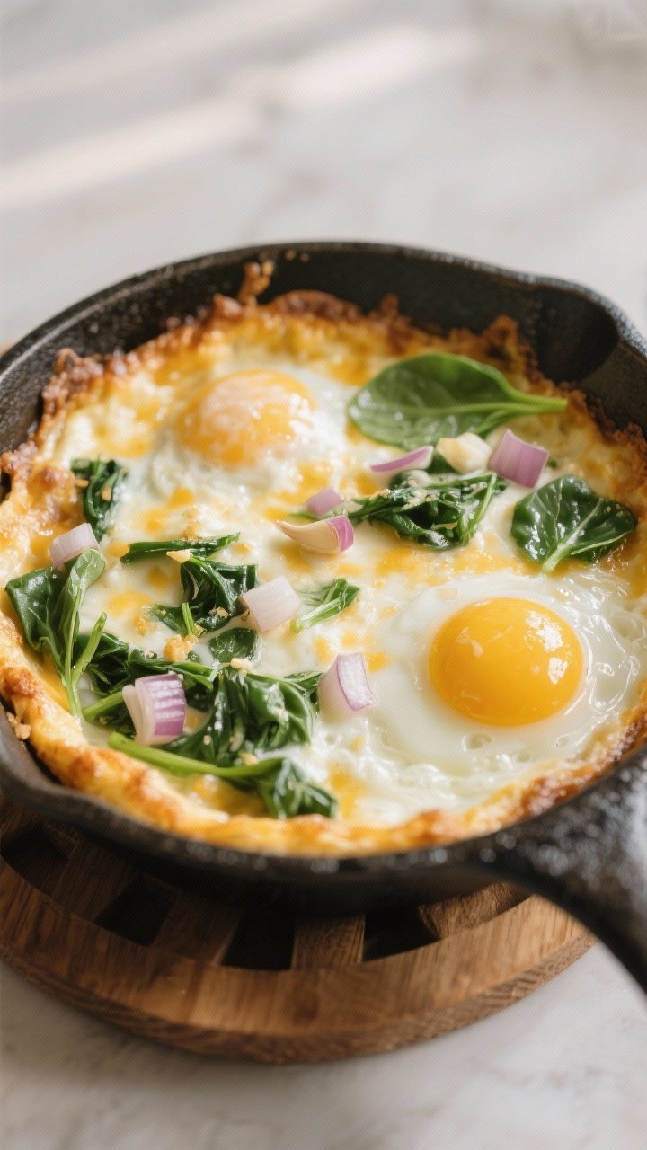 A close-up skillet bake of cheesy spinach and egg whites: a cast-iron pan filled with fluffy set egg whites (plus one whole egg for richness), wilted baby spinach, diced onion, and minced garlic, with melted reduced-fat cheese bubbling on top; golden edges, a few spinach leaves peeking through the cheese; photographed straight-on with gentle morning light, brunchy feel, no people, just the skillet on a wooden trivet