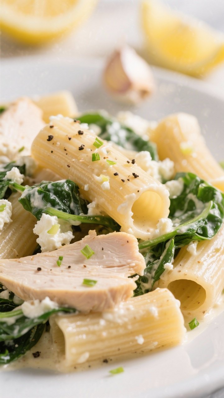 A close-up twirl of lemon garlic cottage cheese pasta with chicken and greens: ridged whole-wheat rigatoni coated in a silky cottage cheese–lemon–garlic sauce, speckled with cracked pepper, folded with slices of cooked chicken breast and wilted baby spinach. Zesty lemon microplanes and minced garlic in soft focus; bright, clean lighting to showcase creamy texture without heaviness.