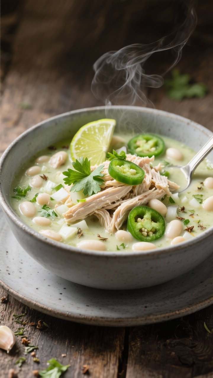 A comforting bowl shot of creamy white bean chicken chili: tender shredded chicken breast in a pale greenish-white broth with cumin and dried oregano, diced onion, minced jalapeño, and garlic, studded with white beans; topped with chopped cilantro, a lime wedge, and a few sliced jalapeños; served in a wide gray ceramic bowl with a spoon, steam visible, on a rustic table for cozy warmth