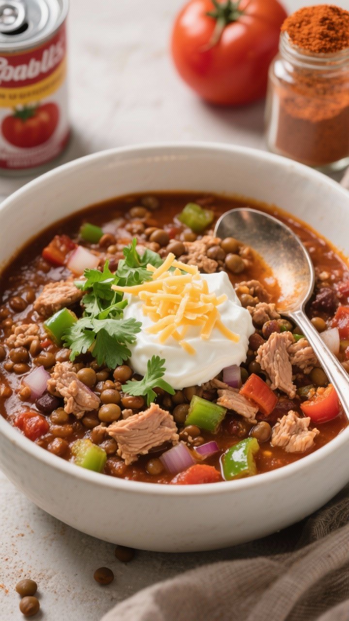 A straight-on bowl shot of smoky lentil and turkey one-pot chili: thick, hearty chili featuring lean ground turkey, brown lentils, diced onion and green bell pepper, tomato paste richness, chili powder and ground cumin warmth. Topped with a dollop of Greek yogurt, chopped cilantro, and a sprinkle of shredded cheese, with a spoon resting on the rim; background includes a can of tomatoes and chili powder jar; cozy, warming tones.