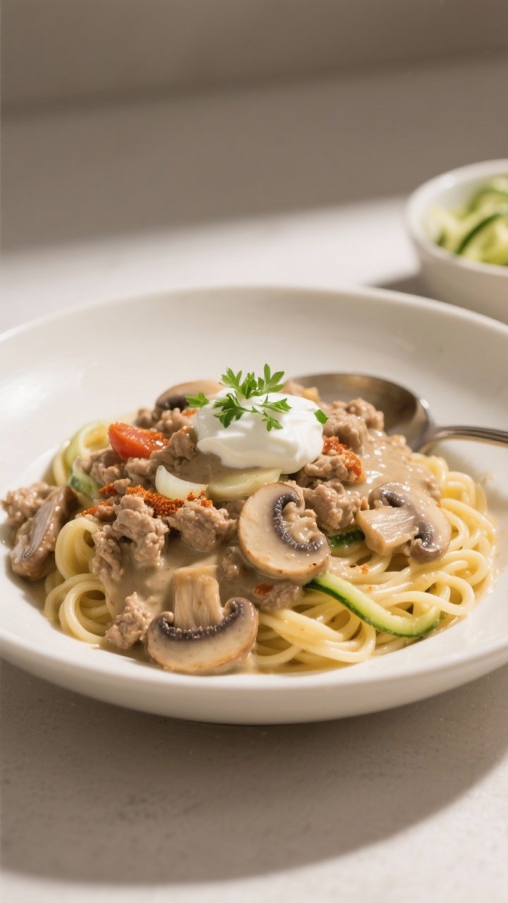 A straight-on plated presentation of creamy mushroom turkey stroganoff: lean ground turkey in a velvety mushroom sauce with cremini slices, onion, garlic, tomato paste, smoked paprika, and Worcestershire; spooned over twirled egg noodles (or zoodles in a side bowl), finished with a dollop of light sour cream and chopped parsley; served in a shallow ivory bowl against a neutral backdrop with soft side light