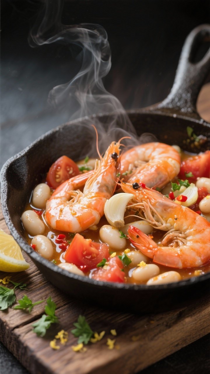 Action close-up in a skillet of garlicky shrimp and white beans with tomatoes: large shrimp just turning pink, thinly sliced garlic shimmering in olive oil, a pinch of red pepper flakes, diced tomatoes bubbling, and creamy cannellini beans nestled throughout; steam rising, glossy sauce clinging to shrimp, cast-iron skillet on a rustic wooden board, sprinkled with chopped parsley and lemon zest for brightness.