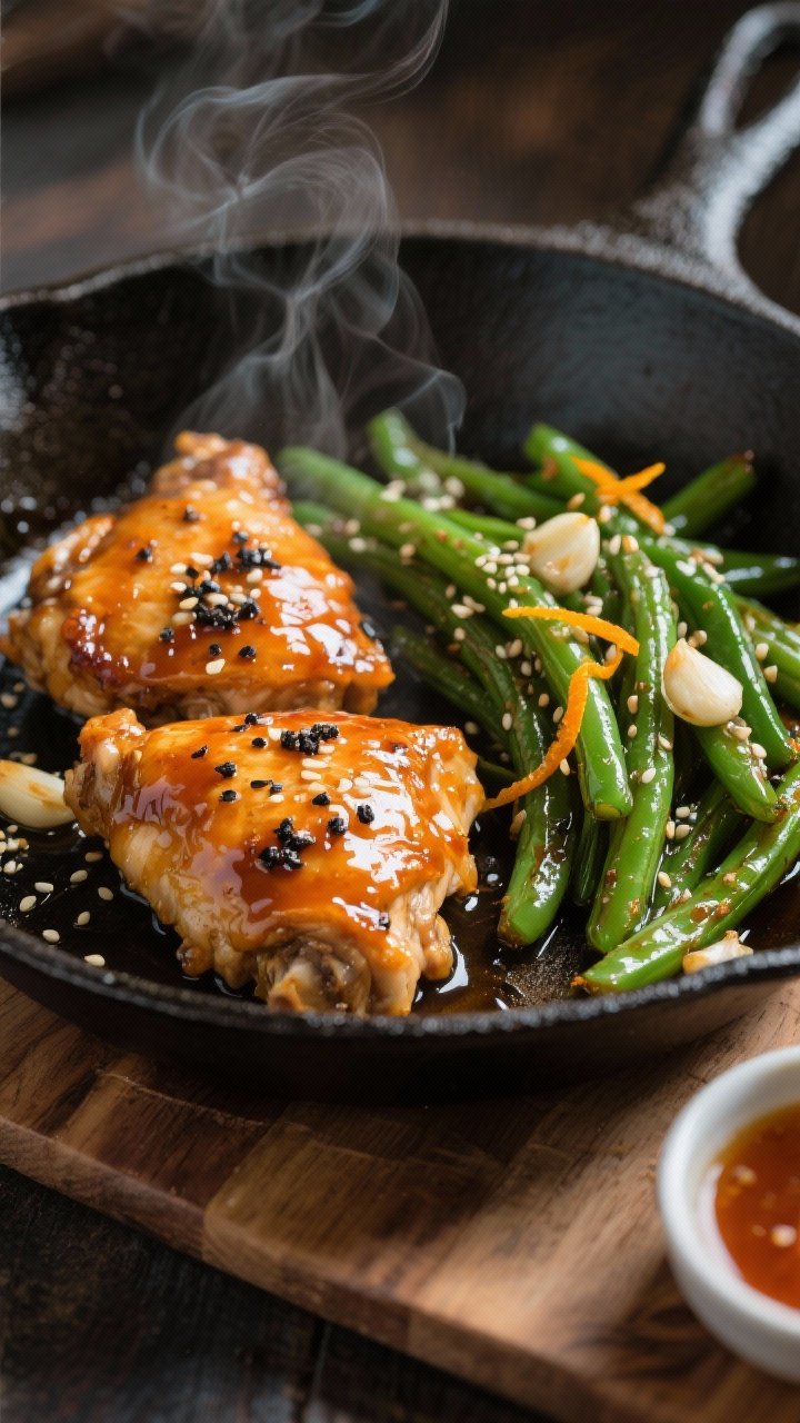 Action close-up in skillet: Sticky orange-garlic chicken thighs glazed to a lacquered shine, thickened with a cornstarch slurry, speckled with black pepper and sesame seeds. Beside them, vibrant sesame green beans sautéed until crisp-tender, lightly blistered and glossy with sesame oil. Visible orange zest threads and garlic bits in the glaze. A few steam wisps, dark nonstick skillet on a wooden board, small bowl of extra sauce in frame.