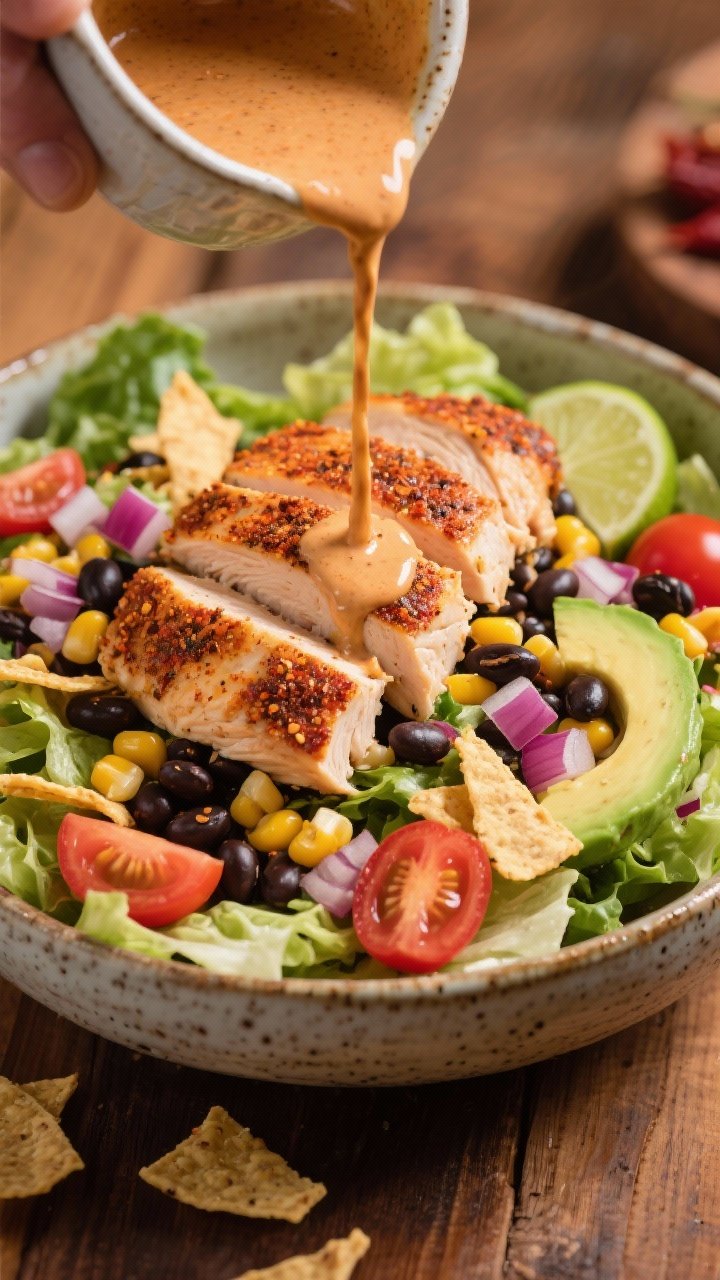 Action-leaning 45-degree shot of Southwest Black Bean Chicken Salad: seared chicken thighs rubbed with taco seasoning blend (chili powder, cumin, paprika, garlic powder, salt) sliced over chopped romaine; black beans, roasted corn, diced red onion, cherry tomatoes, avocado slices, and a crunchy scatter of crisp tortilla strips; drizzle of creamy chipotle-lime dressing mid-pour; bold Southwestern colors, textured ceramic bowl, warm wood surface.