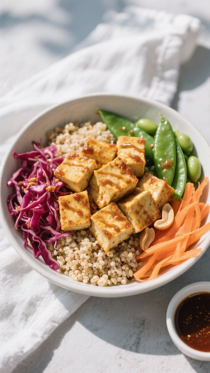 An overhead ingredient-to-bowl transition for miso-ginger tofu power bowls: golden crisp cubes of cornstarch-dusted tofu seared in neutral oil arranged over fluffy quinoa, flanked by shredded red cabbage, snap peas or edamame, and thin carrot ribbons. A glossy peanut drizzle zigzags on top, with a small bowl of miso-ginger sauce at the edge; vibrant, high-contrast daylight for a fresh, modern, plant-forward look.