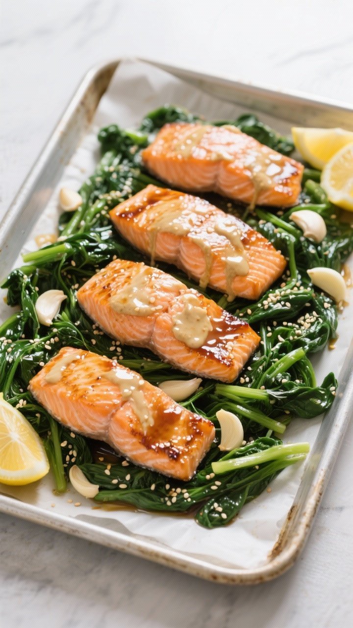 An overhead sheet-pan scene of miso-ginger salmon with garlicky greens: four salmon fillets brushed with a glaze of white miso, low-sodium soy, rice vinegar, honey, fresh grated ginger, and garlic; fillets caramelized at the edges, surrounded by glossy sautéed greens with garlic slices; sesame seeds scattered, lemon wedges nearby; photographed on parchment-lined metal sheet pan with bright, clean lighting