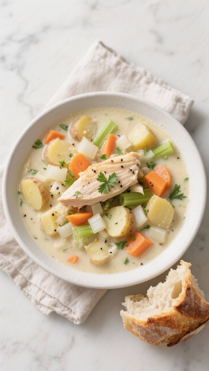 An overhead shot of a creamy chicken pot pie soup served in a matte white bowl, packed with diced boneless skinless chicken breast, baby gold potatoes, sliced carrots and celery, diced onion, and flecks of minced garlic in a velvety broth; garnished with a sprinkle of parsley and cracked black pepper, with a torn slice of crusty bread on the side; styled on a light marble surface with a linen napkin for cozy, comfort-food vibes, soft diffused daylight