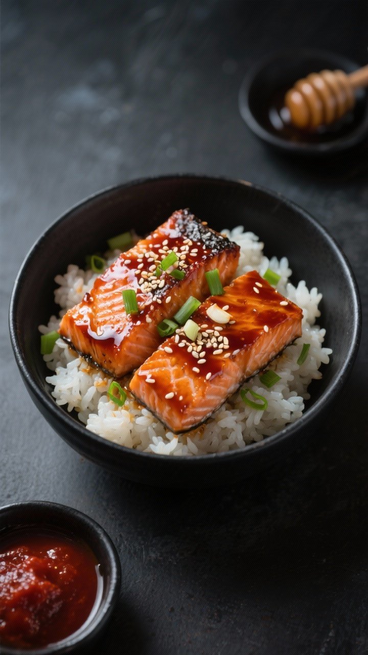 An overhead shot of sticky gochujang salmon bowls: caramelized 5 oz salmon fillets lacquered with a glossy gochujang-soy-honey glaze, rice vinegar brightness, toasted sesame oil sheen, and grated garlic specks, served over steamy jasmine rice. Garnish with scallions and sesame seeds on a matte black bowl, with a small dish of gochujang, soy sauce, and honey in frame; moody lighting to highlight the sticky, spicy-sweet Korean vibe.