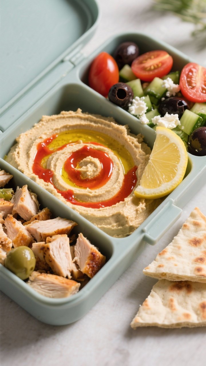 Bento-style overhead lunch box: neat compartments with diced rotisserie chicken, a generous swirl of hummus (classic/roasted red pepper) drizzled with olive oil, cherry tomato halves, chopped cucumber, kalamata olives, and a sprinkle of crumbled feta; lemon wedge and a few pita triangles on the side; crisp, Mediterranean, grab-and-go freshness.