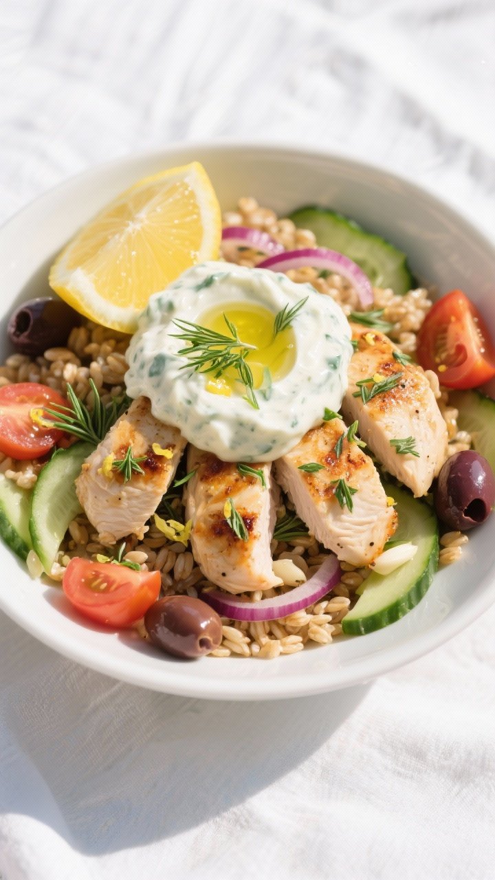 Bright Mediterranean bowl at 45 degrees: lemon herb Greek chicken breast pieces seared with oregano, thyme, garlic, and lemon zest, arranged over nutty farro; ribbons of cucumber, cherry tomatoes, red onion, and olives; generous spoon of creamy tzatziki on top, extra lemon wedge; olive oil sheen and fresh dill or parsley sprinkle; clean, sunlit scene on white linen to convey fresh Greek vibes.