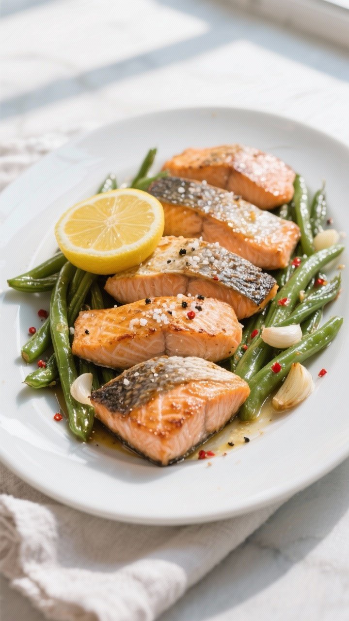 Clean plated presentation, straight-on: five-ingredient baked salmon—four skin-on fillets with crispy edges and moist flakes, nestled alongside glossy garlicky green beans; thin lemon rounds roasted on top, a light olive oil sheen, kosher salt crystals and cracked black pepper visible, a pinch of red pepper flakes; served on a matte white platter with a minimal linen napkin, bright natural window light.