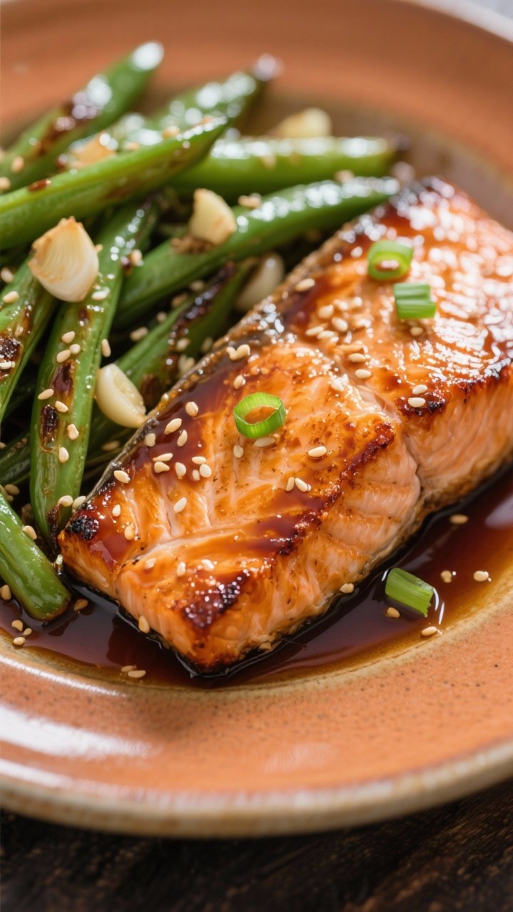 Close-up 45-degree shot of maple-soy air fryer salmon fillets, edges caramelized; glaze of soy sauce, pure maple syrup, rice vinegar, fresh ginger, minced garlic, and sesame oil; accompanied by garlicky sautéed green beans with a slight blister; sprinkled with sesame seeds, a few scallion slices; set on a warm-toned ceramic plate with crisp directional lighting for shine and texture.