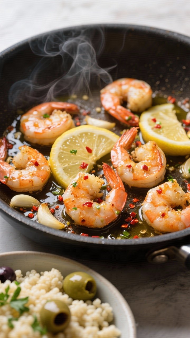 Close-up action shot: Lemon-garlic shrimp sizzling in a skillet, olive oil shimmering, thinly sliced garlic caramelizing, red pepper flakes scattered, and steam rising. Finish with zest confetti and lemon juice beading on the shrimp; a side bowl of fluffy cauliflower couscous studded with chopped parsley and briny green and Kalamata olives. Tight focus on glossy shrimp texture and citrus sheen.