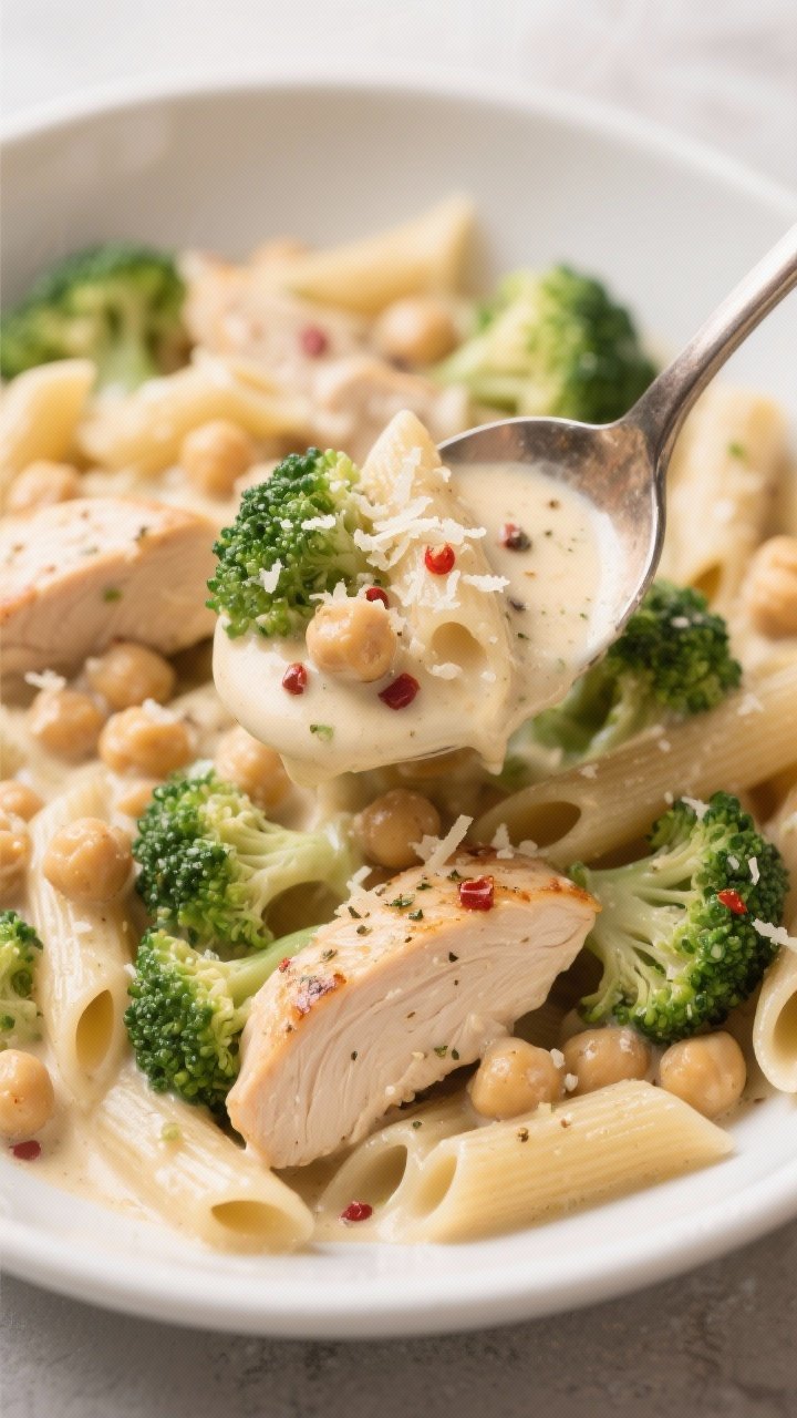 Close-up action shot of creamy high-protein chickpea pasta with chicken and broccoli: chickpea penne coated in a silky light cream-like sauce, tender seared chicken breast pieces seasoned with Italian seasoning, garlic powder, and a pinch of red pepper flakes, bright green small broccoli florets tucked throughout; a spoon lifting a portion showing sauce cling and steam; garnished with grated Parmesan and cracked pepper in a wide white bowl, warm inviting tones.