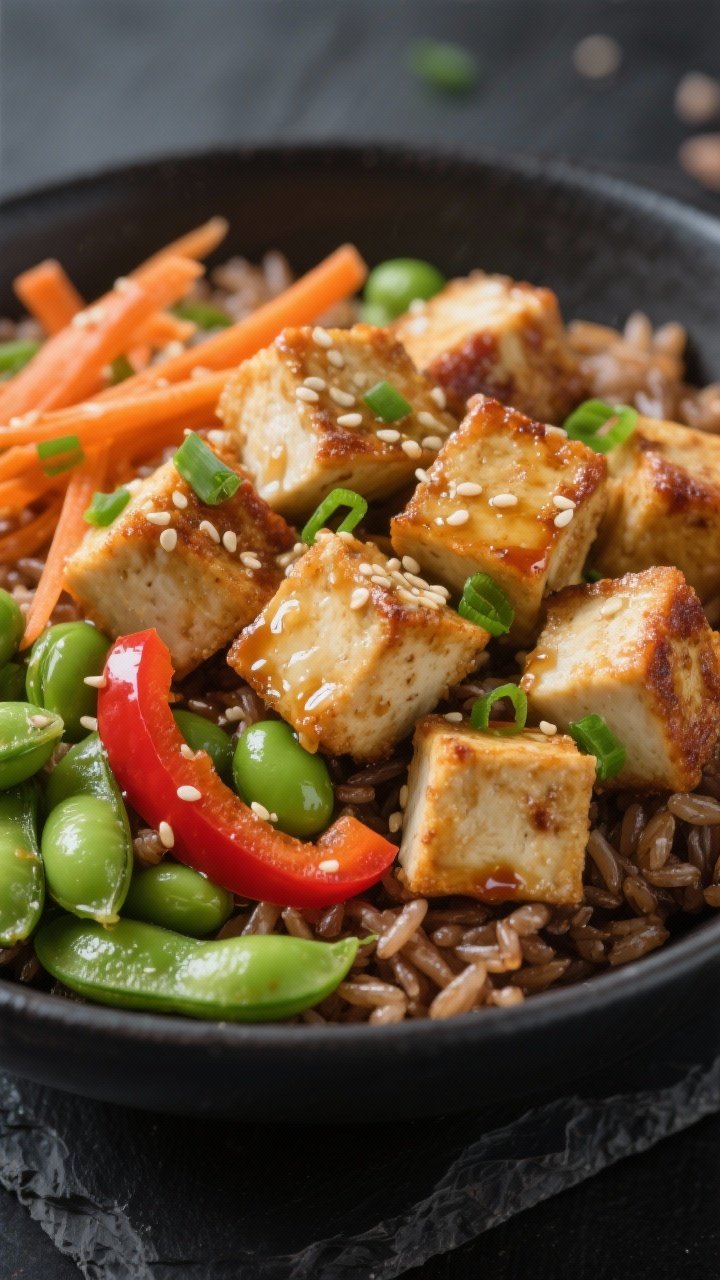 Close-up action shot of ginger-sesame tofu, edamame and brown rice bowl: crispy tofu cubes dusted in cornstarch and pan-seared in neutral oil, tossed with glossy ginger-sesame glaze; vibrant green shelled edamame, thinly sliced red bell pepper, and carrot ribbons over fluffy brown rice; sesame seeds and scallions sprinkled on top, light sheen of sauce, shallow depth of field highlighting tofu texture; set on a dark slate to pop the colors.