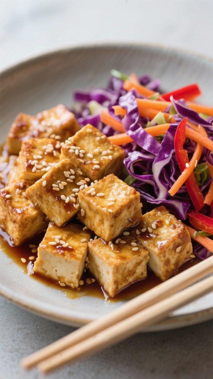 Close-up action shot of Ginger-Sesame Tofu with Crunchy Rainbow Slaw: golden-crisp tofu cubes (cornstarch-dusted) in a glossy ginger-sesame glaze, sprinkled with sesame seeds; beside a vibrant slaw of shredded purple cabbage, carrots, and thin red bell pepper; drizzle of sesame-ginger dressing on slaw; served in a shallow bowl, chopsticks resting on rim; clean, modern aesthetic with high clarity and texture.