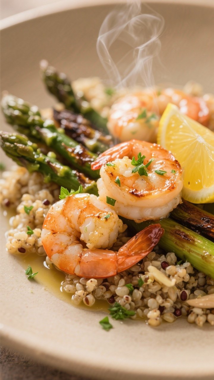 Close-up action shot of Lemon Garlic Shrimp Quinoa with Roasted Asparagus: plump shrimp, lightly seared with lemon-garlic butter, nestled over quinoa cooked in chicken/vegetable broth; caramelized tips of roasted asparagus cut into 2-inch pieces; micro zest of lemon and chopped parsley sprinkled on top; visible glisten on shrimp, steam rising; shallow depth of field on a warm neutral plate, bright citrusy highlights, no hands.