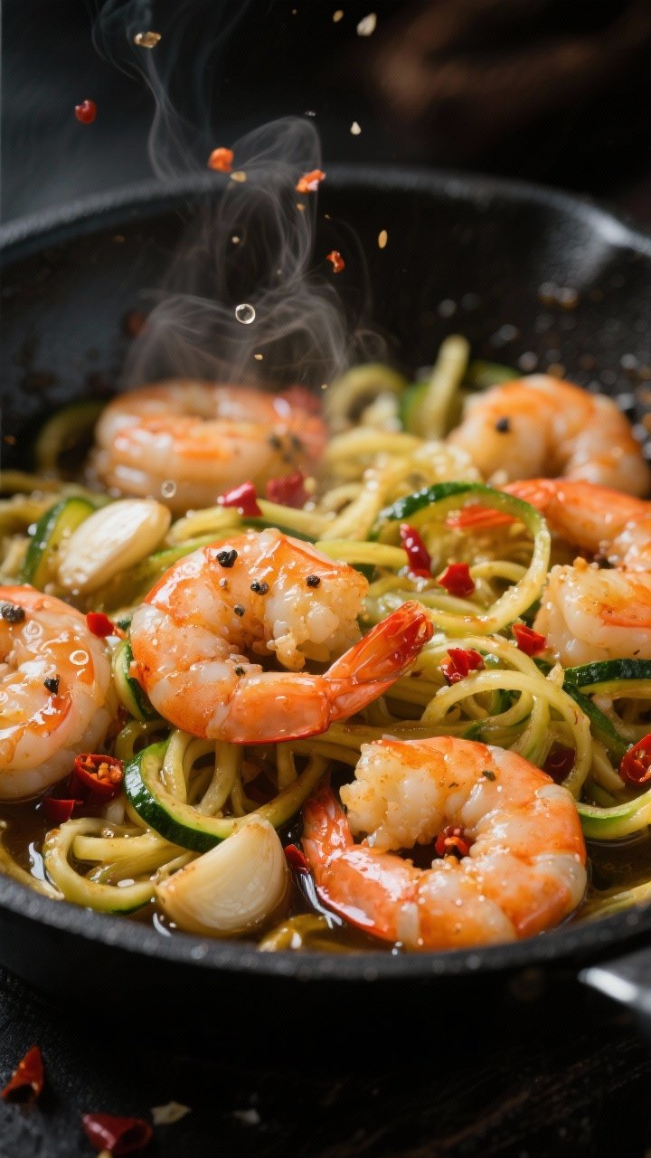 Close-up action shot of spicy garlic shrimp with zoodles: large shrimp, glistening with olive oil, kosher salt, black pepper, and red pepper flakes, tossed with thinly sliced golden garlic; twirled zucchini noodles underneath catching the garlicky oil; micro-bubbles and steam visible, a few chili flakes on the shrimp; served in a shallow black skillet, moody lighting with specular highlights to emphasize sheen and slurpable texture.