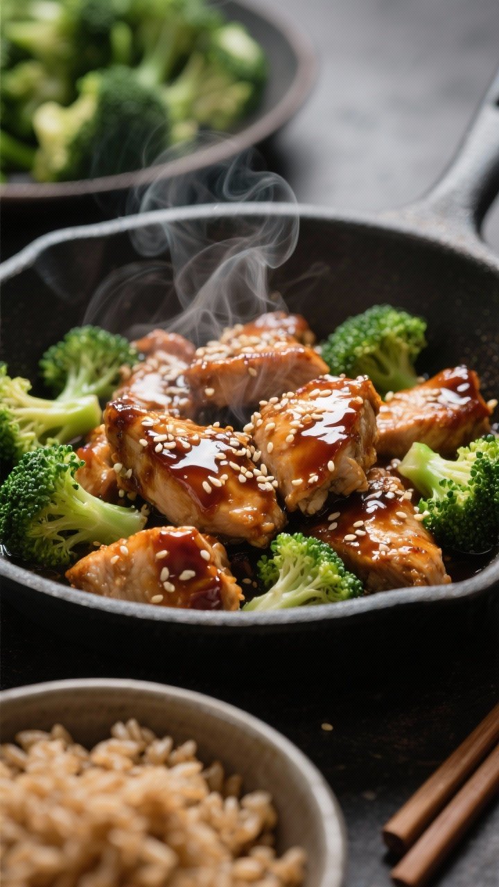 Close-up action shot of Teriyaki Ginger Chicken in a skillet: bite-size chicken thigh pieces lacquered in glossy teriyaki-ginger sauce, sesame seeds scattered, steam rising; vibrant green sesame-oil-tossed broccoli florets in the background blur; side bowl of nutty brown rice just in frame; dramatic contrast and shine, chopsticks resting nearby, Japanese-inspired simplicity.