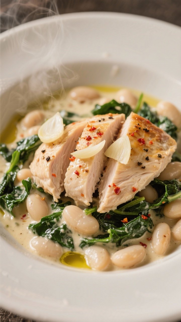 Close-up bowl shot: Creamy Tuscan chicken with white beans and greens—sliced chicken breasts in a silky garlic cream with a hint of red pepper flakes, tender cannellini beans, and wilted greens (spinach or kale) peeking through; olive oil and butter gloss, thinly sliced garlic visible; finished with cracked black pepper; warm, inviting tones with gentle steam.