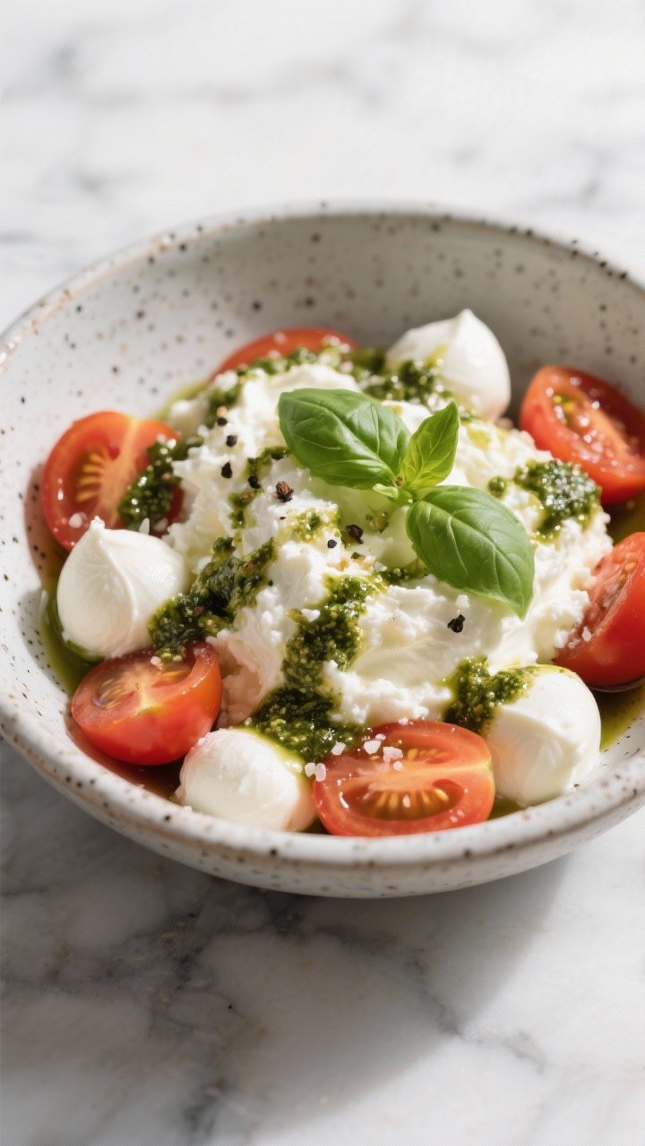 Close-up creamy bowl shot of Cottage Cheese Caprese with Pesto Drizzle: a speckled ceramic bowl layered with low-fat cottage cheese, halved cherry tomatoes, halved mini mozzarella balls (bocconcini), and a generous drizzle of prepared basil pesto. Finish with flaky sea salt, cracked pepper, and a few tiny basil leaves. Shallow depth of field to emphasize curds and glossy pesto; cool-toned marble surface, bright daylight for a fresh, high-protein feel.