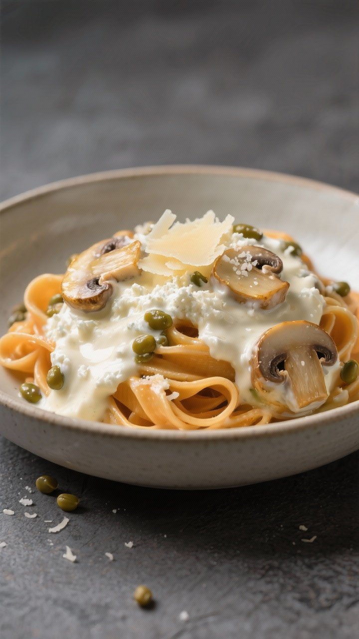 Close-up creamy pull: Cottage cheese Alfredo coating lentil tagliatelle, with sautéed garlic mushrooms. The sauce looks ultra-smooth and glossy from blended cottage cheese, Parmesan, and a touch of reserved pasta water. Golden edges on mushroom slices from olive oil, nestled among ribbons of orange-tinted lentil pasta. Fine shower of extra Parmesan on top. Shallow depth of field to emphasize velvety texture; neutral ceramic bowl on a slate backdrop for a refined, modern Italian feel.