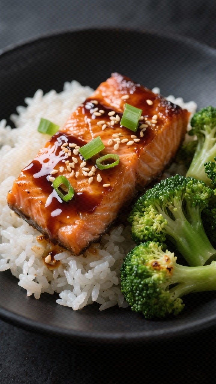 Close-up glossy teriyaki salmon, broccoli and sticky rice bowl: lacquered salmon chunks with a thick teriyaki glaze, perched over sticky short-grain white rice; bright green broccoli florets with a slight char, sliced green onions scattered, toasted sesame seeds, a little glaze pooling on the rice; high-contrast lighting to emphasize shine and texture, shot at 45 degrees on a minimalist dark plate.