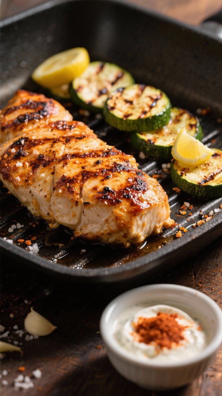 Close-up grill-pan scene: harissa-yogurt marinated chicken breasts, char marks prominent, juices beading; a side of charred zucchini rounds with smoky blistered edges; lemon juice brushed on, garlic powder and kosher salt speckling; warm, directional light with a small bowl of extra harissa yogurt sauce in frame for dip appeal.