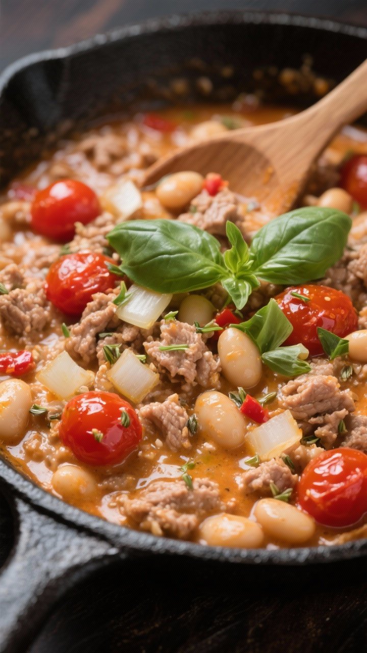 Close-up of a creamy cannellini-turkey skillet: lean ground turkey simmered with diced onion, minced garlic, fennel seeds, Italian seasoning, and a hint of red pepper, folded with cannellini beans and cherry tomatoes until saucy; torn fresh basil scattered on top, glossy olive oil sheen; served in a black cast-iron pan with a wooden spoon, shallow depth of field emphasizing creamy texture and tomato pops.