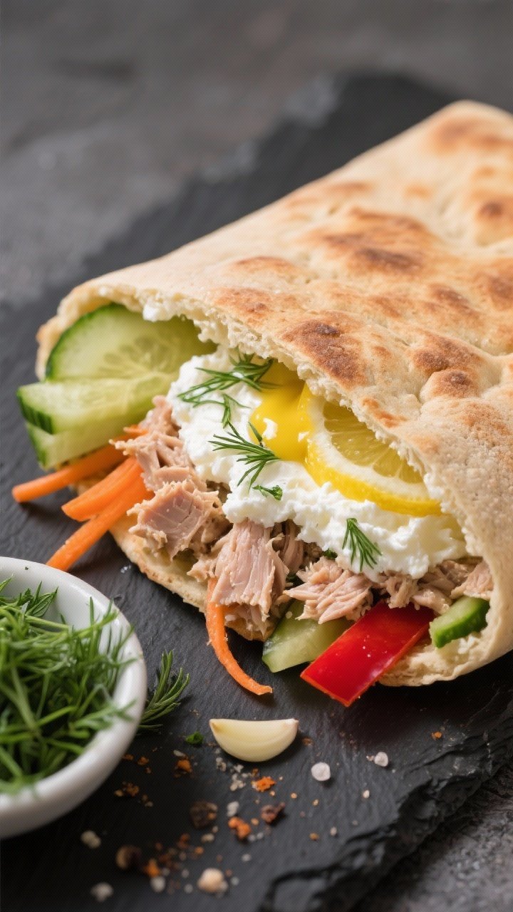 Close-up of a creamy cottage cheese tuna pita: whole wheat pita pocket stuffed with tuna mixed with low-fat cottage cheese, Dijon mustard, lemon juice, chopped dill, and a pinch of garlic powder, seasoned with salt and pepper; crunchy veg showing at the edge—cucumber, shredded carrot, and thinly sliced red bell pepper—clean cross-section revealing texture, slight condensation, set on a slate board with a small dish of extra dill.