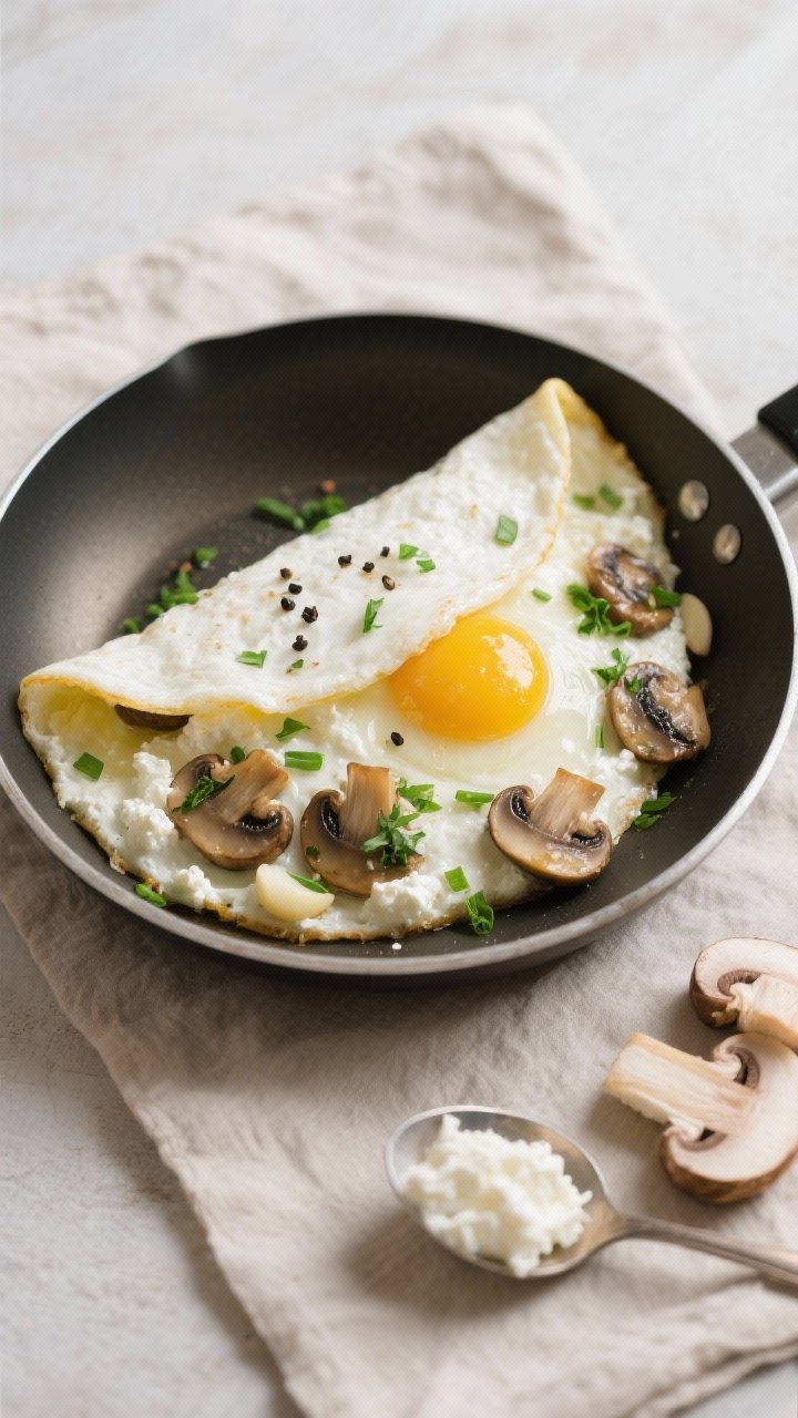 Close-up of a folded cottage cheese egg white omelet: silky egg whites enveloping creamy cottage cheese filling, stuffed with herby sautéed mushrooms (olive oil, minced garlic, kosher salt, black pepper, chopped parsley); delicate curds peeking out, sprinkled with chives and freshly cracked pepper; small nonstick skillet on a neutral linen with a spoonful of cottage cheese and sliced mushrooms to the side