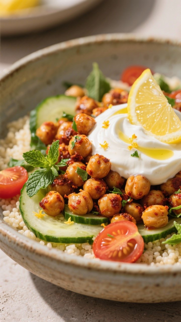 Close-up of a Harissa Chickpea Bowl with Lemon-Herb Yogurt: warmly spiced harissa-roasted chickpeas piled over fluffy couscous with ribbons of cucumber, cherry tomatoes, and torn mint and parsley. Thick lemon-herb yogurt spooned on top with a swirl, olive oil drizzle, and lemon zest. Rustic ceramic bowl, sunlit Mediterranean vibe, textures of crispy chickpeas and creamy yogurt emphasized.