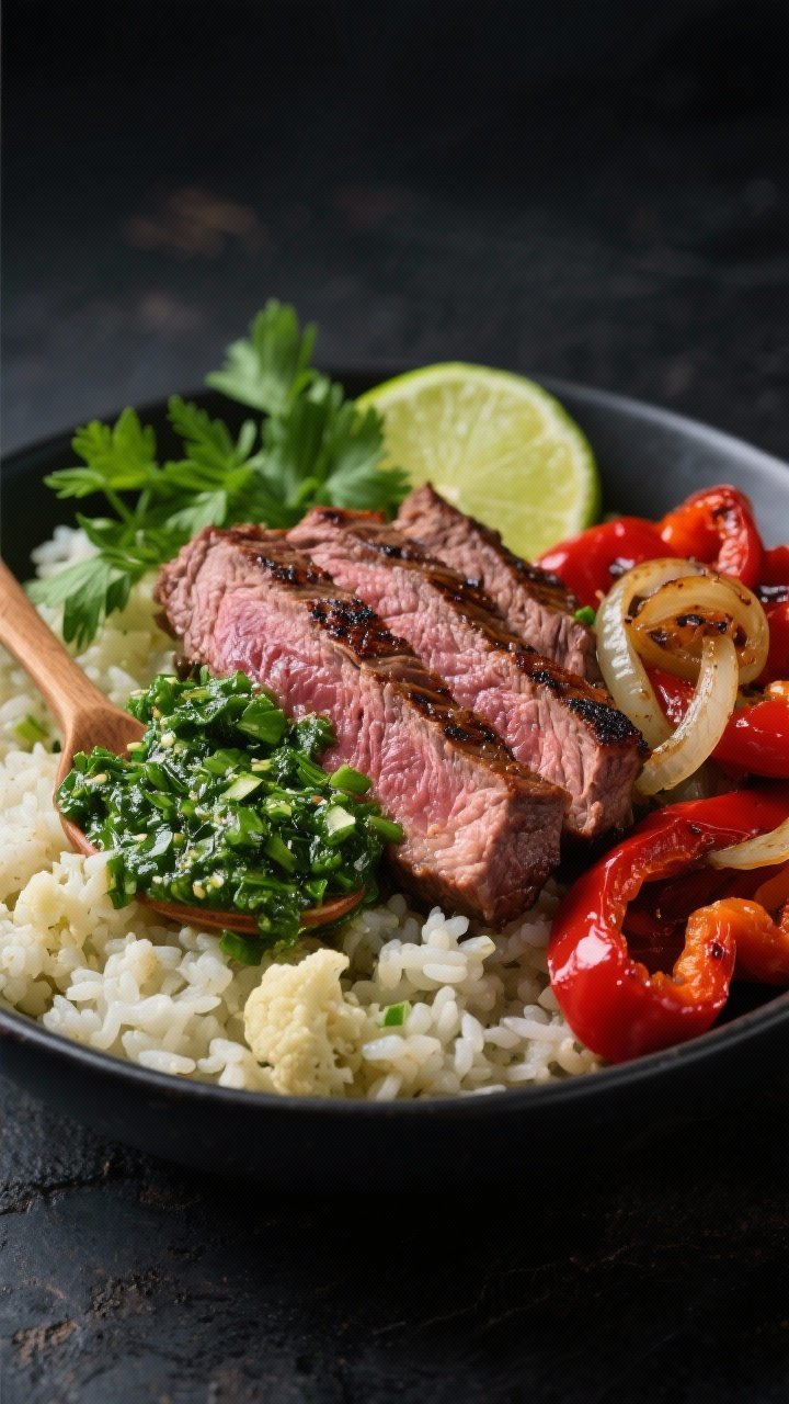 Close-up of a Steak and Chimichurri Cauli-Rice Bowl: medium-rare sliced skirt steak with visible sear marks layered over fluffy cauliflower rice. Vibrant green chimichurri spooned across the steak, with roasted red peppers and sautéed onions on the side. Garnished with fresh parsley and a lime wedge; moody dark background to make the greens and reds pop.