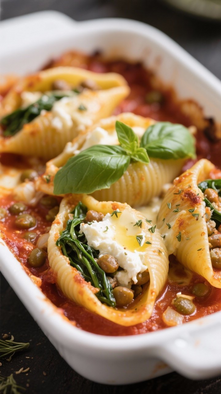 Close-up of baked jumbo pasta shells stuffed with a savory lentil and ricotta mixture: visible flecks of finely diced onion, minced garlic, dried oregano, and fennel seed speckles. Shells nestled in a bubbling marinara, edges lightly browned, with melted ricotta peaks and spinach ribbons tucked in. Garnished with torn basil and a final olive oil gloss. Shot straight-on in a white ceramic baking dish, cheese stretch and sauce sheen emphasized; cozy Italian comfort.