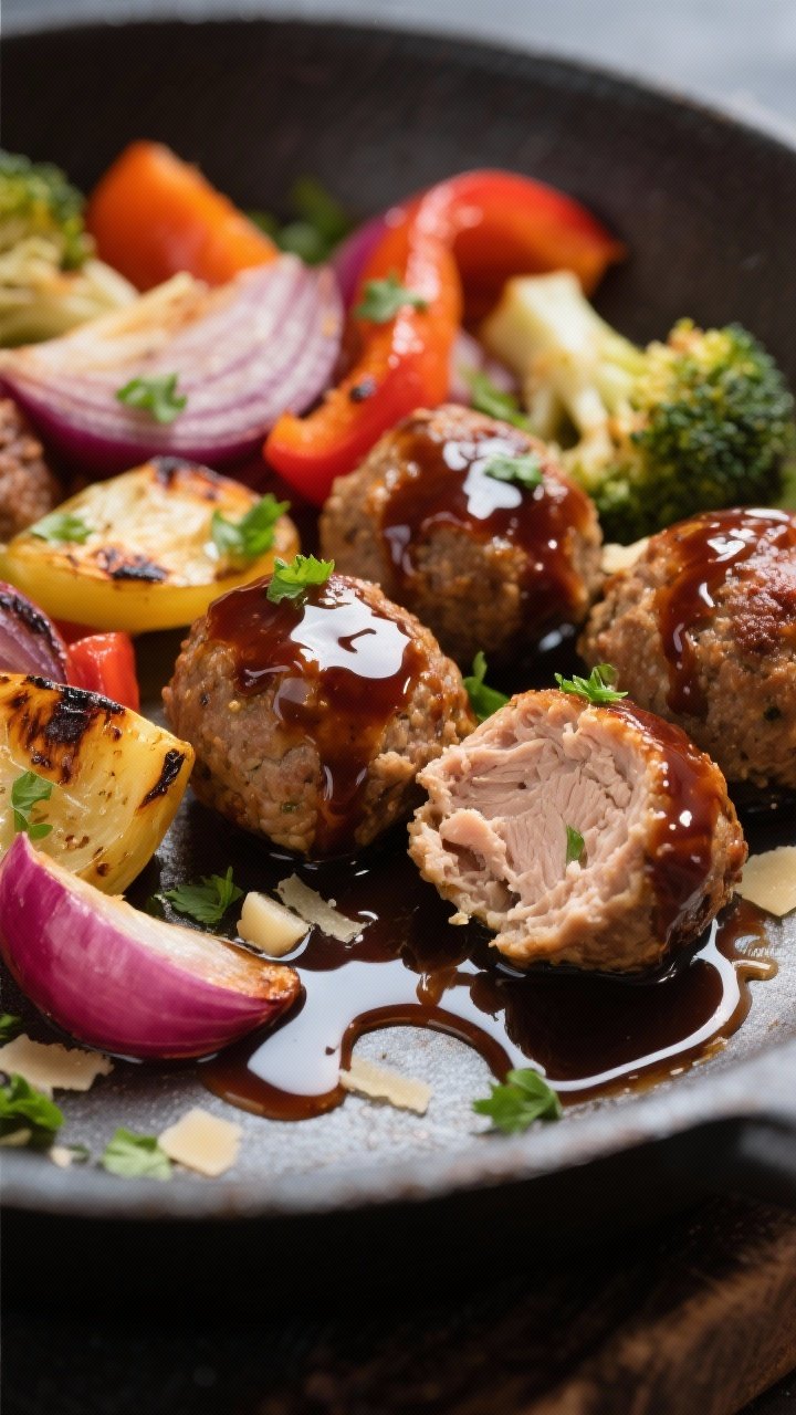 Close-up of Balsamic Glazed Turkey Meatballs With Roasted Veg: glossy, caramelized lean turkey meatballs (made with whole wheat breadcrumbs, egg, grated Parmesan, minced garlic, Italian seasoning, salt, pepper) lacquered in a sticky balsamic glaze; scattered alongside roasted vegetables like red onion, bell pepper, and broccoli with charred tips; meatball interiors visible in one cut-open piece to show tenderness; drips of glaze on the pan, sprinkled parsley; warm, appetizing studio light.
